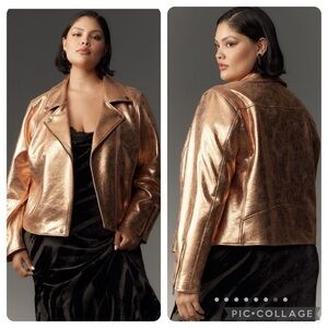 NWT new 2X Anthropologie Saige metallic faux leather moto jacket gold copper
